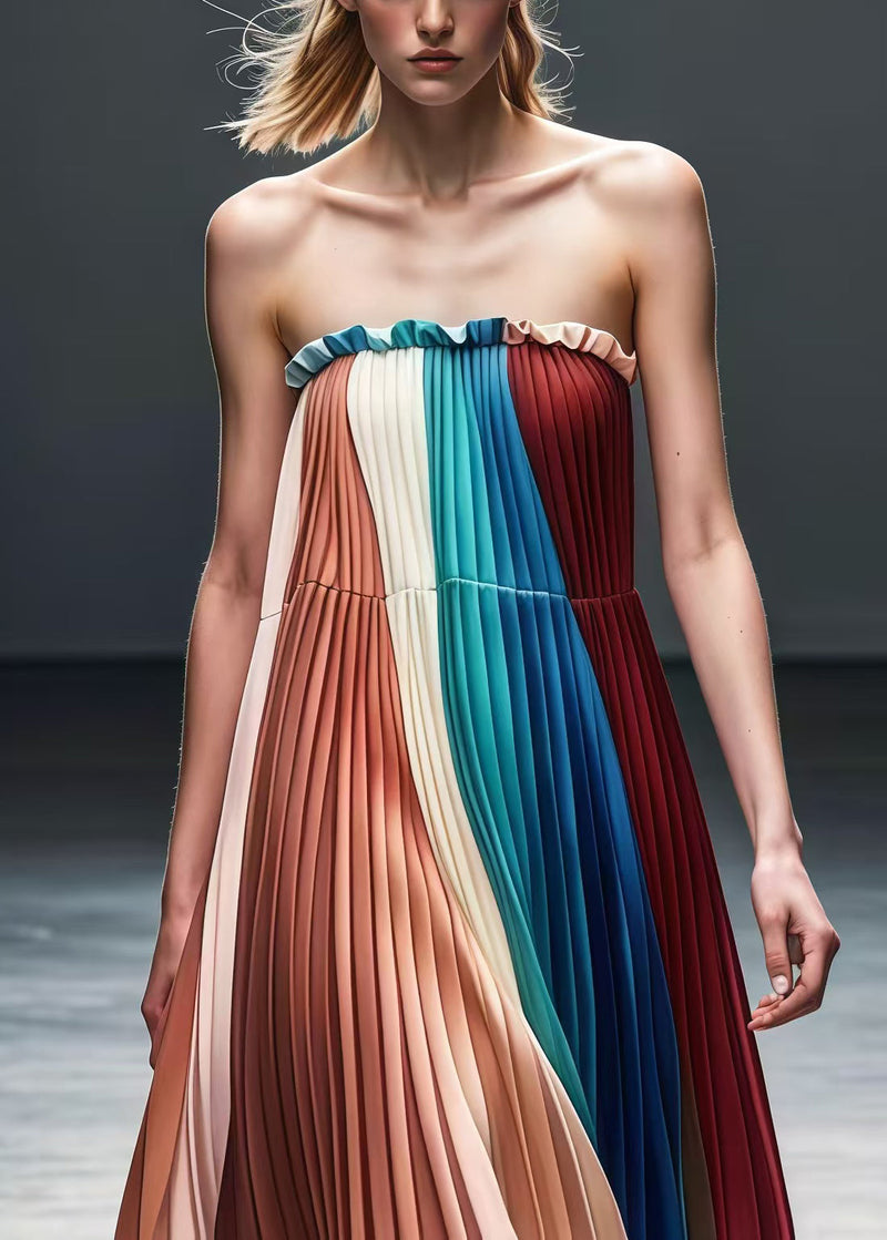 Colorblock Ruffled Chiffon Strapless Pleated Dress Summer