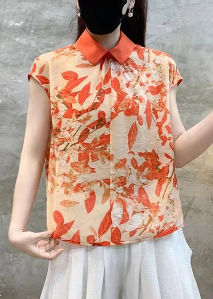 Pink Peter Pan Collar Print Cotton Tops Summer
