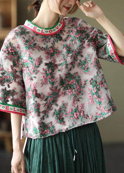 Embroidered Retro O-neck Summer Blouses Half Sleeve