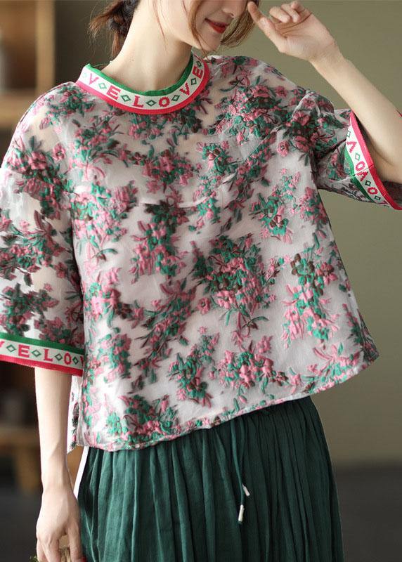 Embroidered Retro O-neck Summer Blouses Half Sleeve