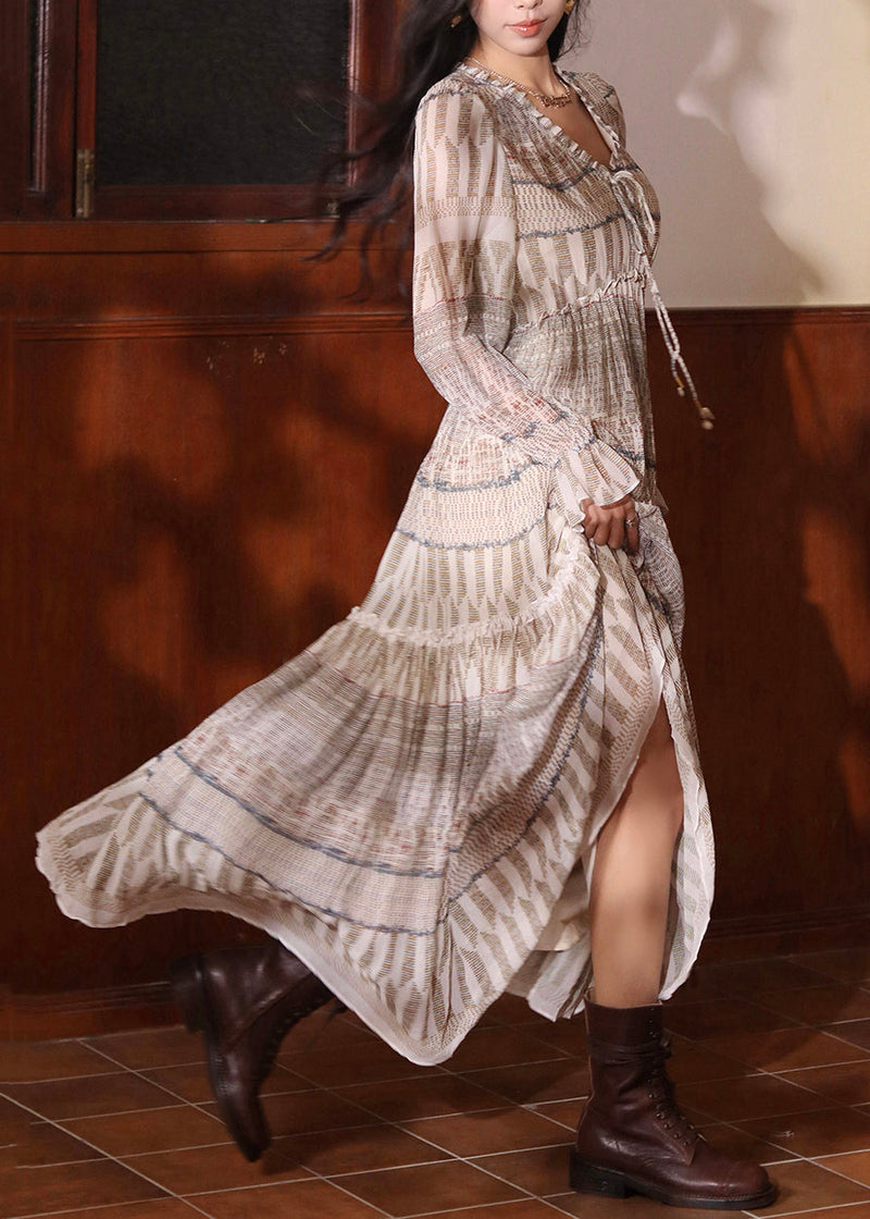 Ruffled Print Lace Up Cotton Maxi Dresses Flare Sleeve