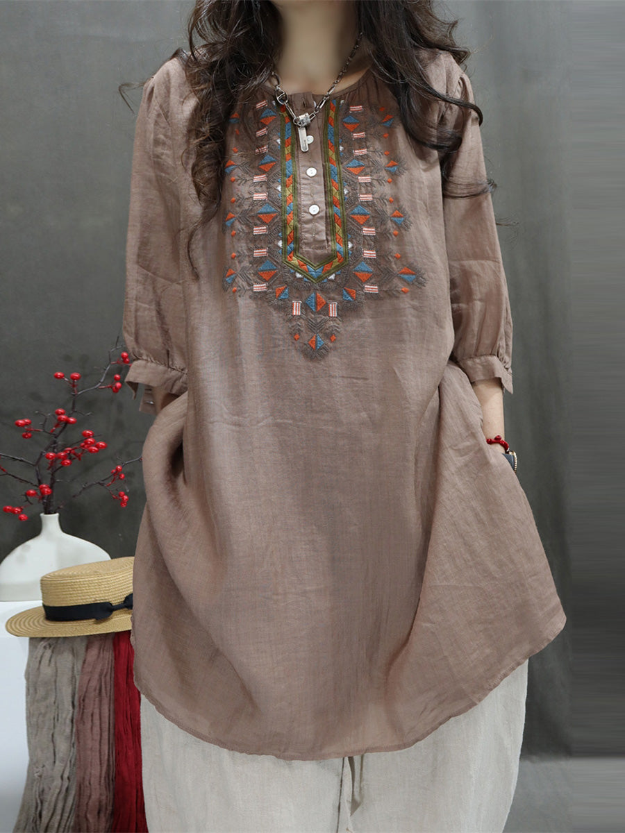 Summer Retro Embroidery O-neck Ramie Shirt