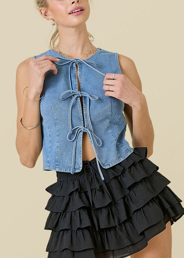 Blue O Neck Lace Up Denim Vest Top Sleeveless