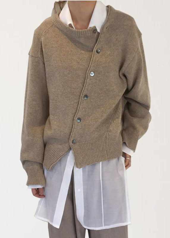 Camel Asymmetrical Design Knit Sweaters Autumn