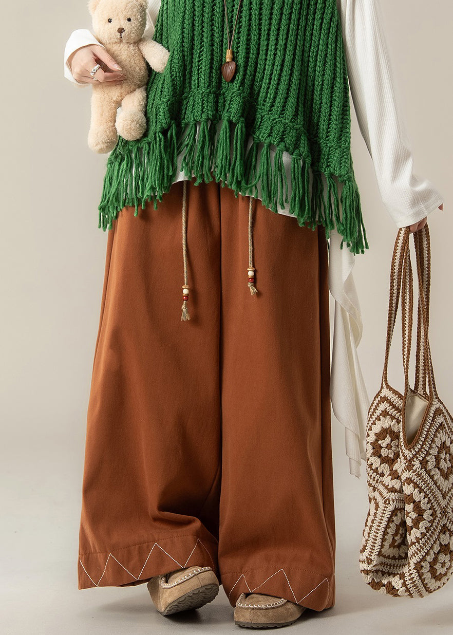 Loose Orange Drawstring Cotton Wide Leg Pants Fall