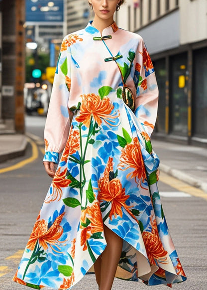 Apricot Print Asymmetrical Design Silk Oriental Dresses Fall
