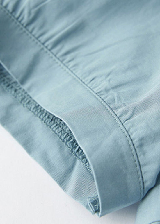 Blue O Neck Hollow Out Embroidered Cotton T Shirt Summer