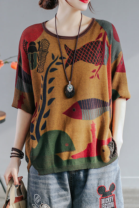 New Style Small Fish Print Sweater Loose Knit Sweater Top