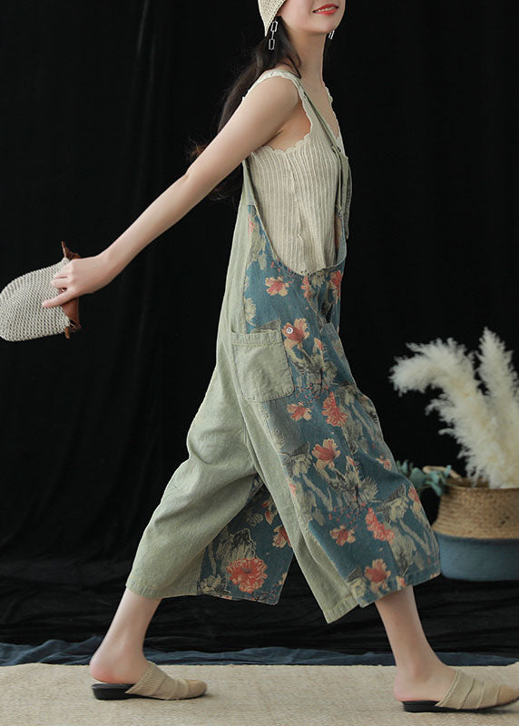 Blue Pockets Patchwork Print Cotton Denim Wide Leg Pants Jumpsuit