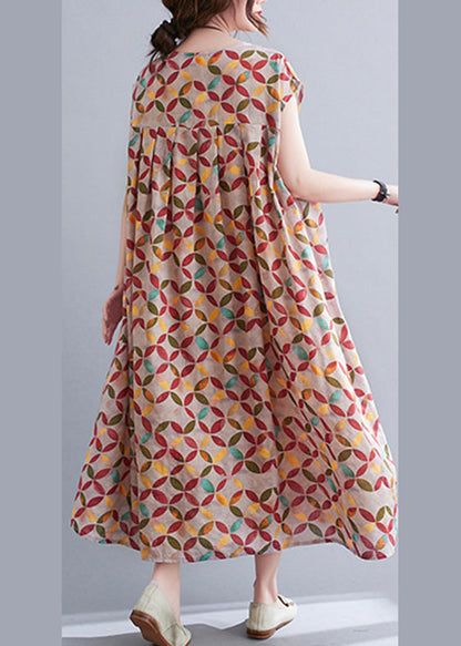 Khaki Cotton Original Dresses O-neck Wrinkled Short Sleeve