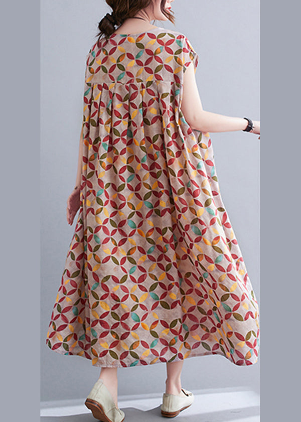 Khaki Cotton Original Dresses O-neck Wrinkled Short Sleeve