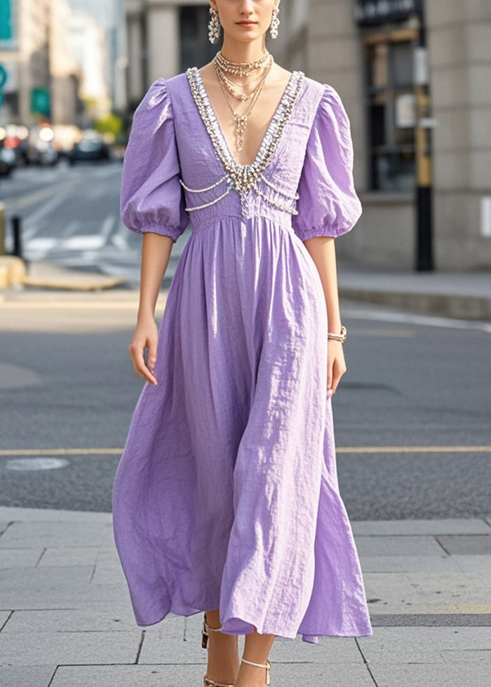 Diy Purple Puff Sleeve Nail Bead Cotton Dress Summer