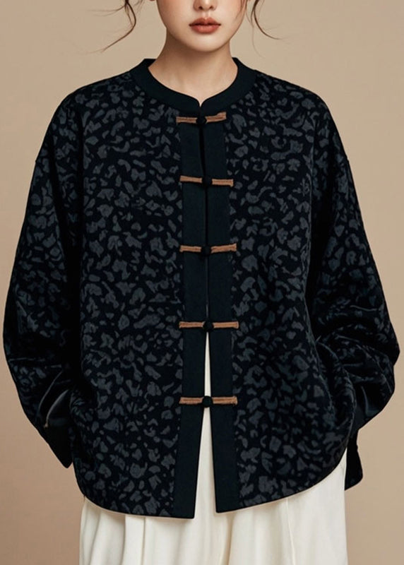 Handmade Black O-neck Patchwork Button Coats Fall