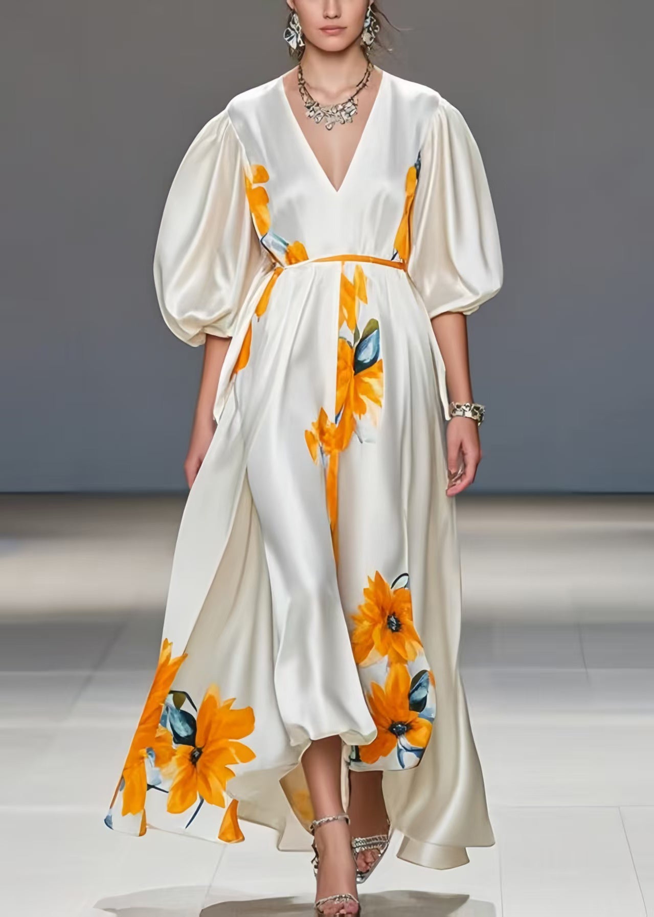 White Puff Sleeve Print Silk Maxi Dresses
