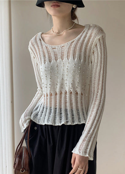 White Hollow Out Nail Bead Knit Sheer Tops Fall