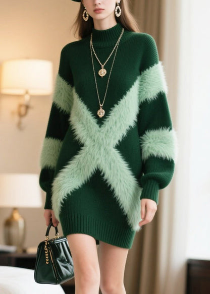 Green Patchwork Faux Fur Knitwear Dress Winter