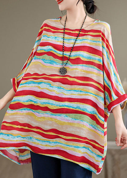 Red O Neck Striped Cotton Blouse Tops Batwing Sleeve