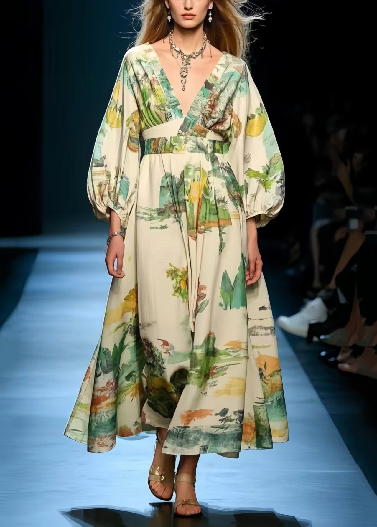 Print Exra Large Hem Cotton Long Dress Spring