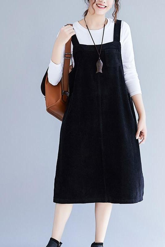 Loose Corduroy Suspender Skirt Outfits