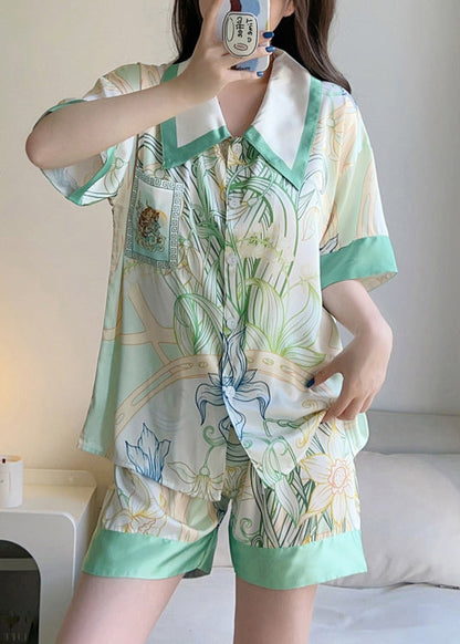 Green Print Button Shirt and Shorts Ice Silk Pajamas Two Pieces Set Summer
