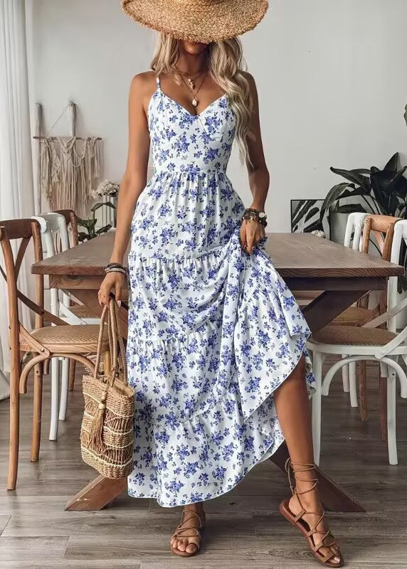 Blue Print Bow Cotton Spaghetti Strap Dress Summer