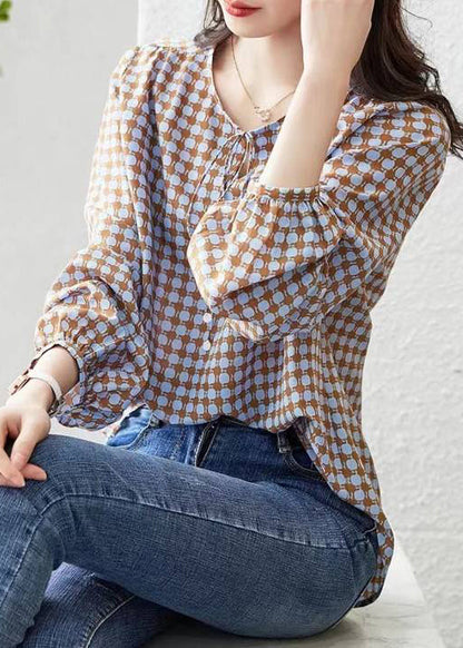 Coffee Print Lace Up Cotton Blouses Long Sleeve