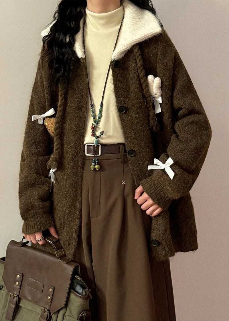 Coffee Peter Pan Collar Button Patchwork Knit Coats