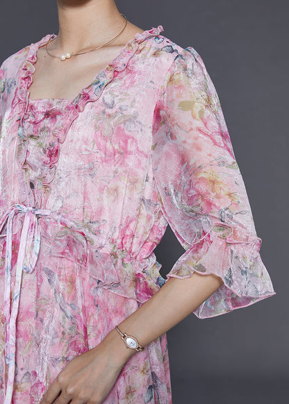 Pink Ruffled Print Silk Party Dresses Summer