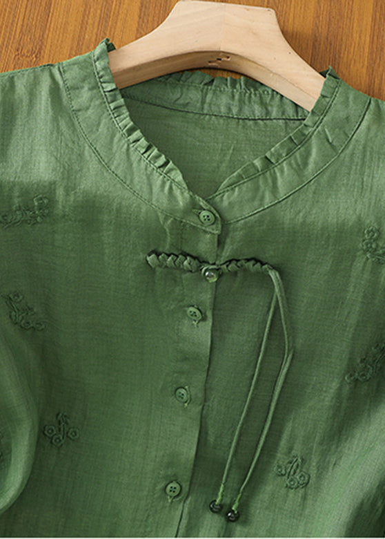 Green Stand Collar Embroidered Shirts Summer