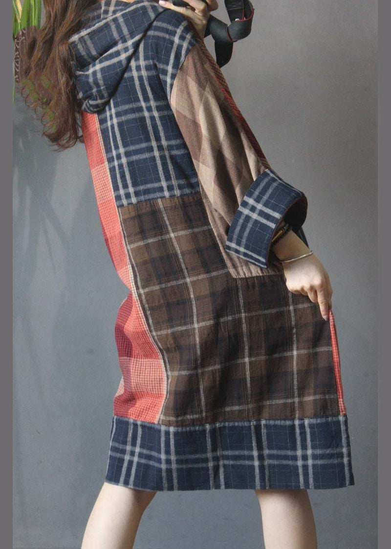 Plaid Patchwork Hooded Cotton Linen Holiday Dress Summer