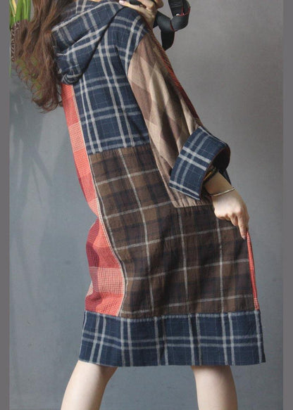 Plaid Patchwork Hooded Cotton Linen Holiday Dress Summer