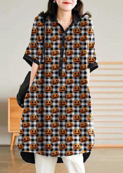 Jade Black-pumpkin Stripes Polka Dots Linen Linen Shirt Dress