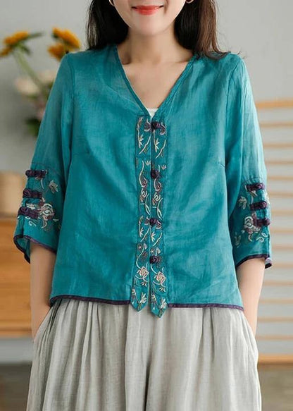 Yellow Ramie Cardigan Embroidered Shirt