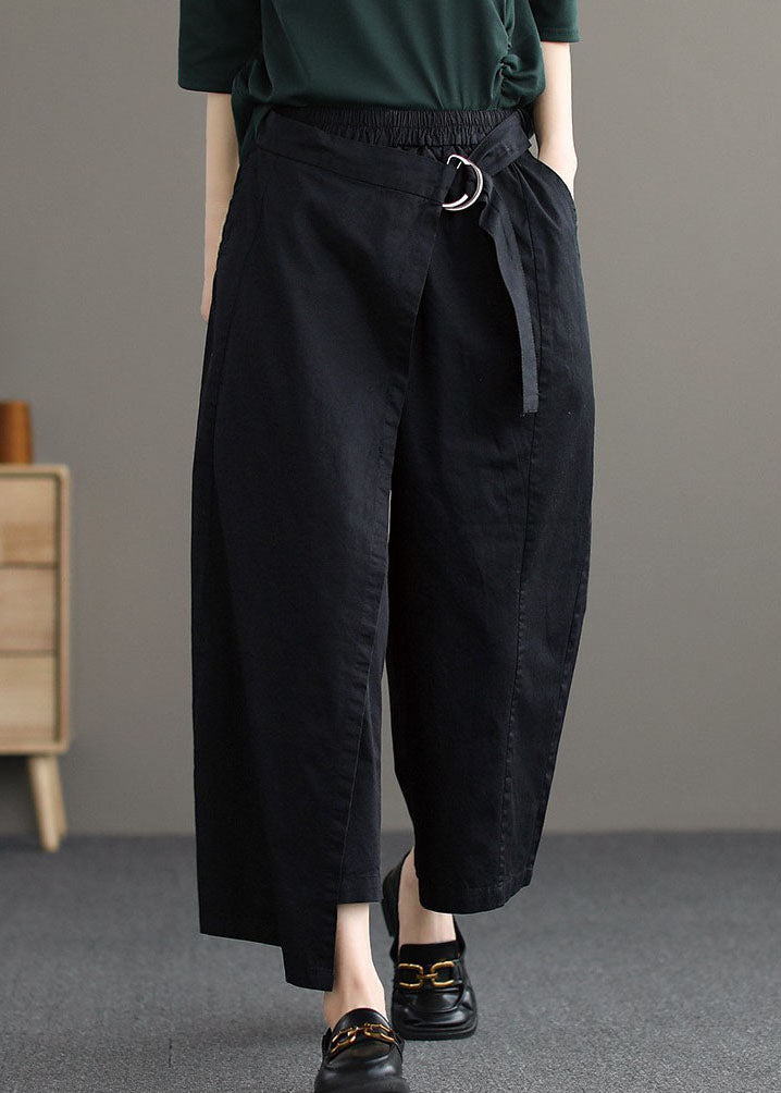 Black Asymmetrical Design Pockets Cotton Pants Summer
