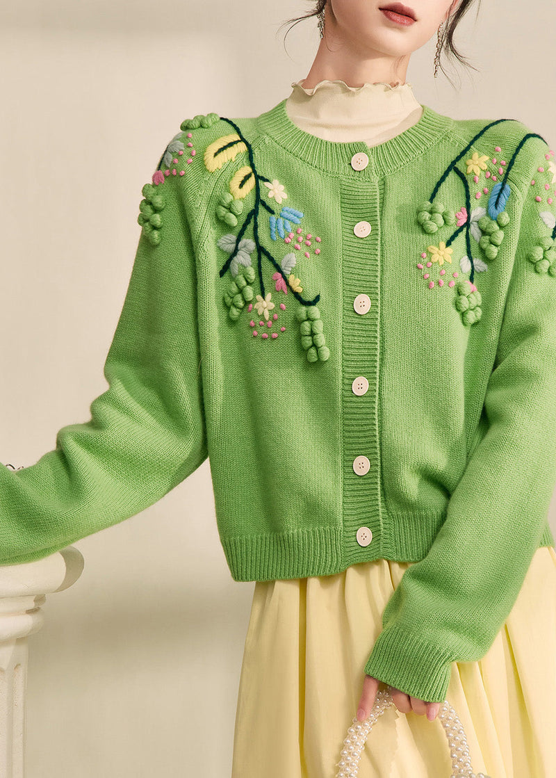 Green Embroidered Button Cotton Knit Cardigans Spring