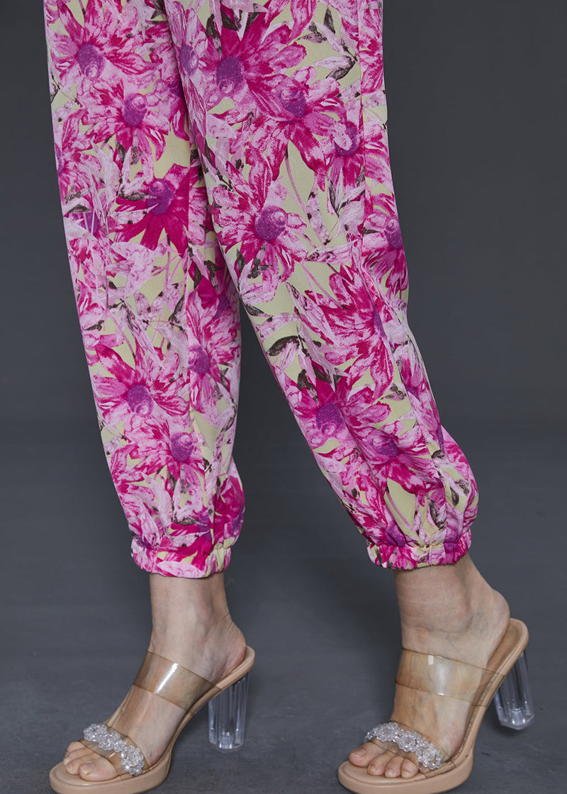 Rose Print Pockets Chiffon Pants Summer