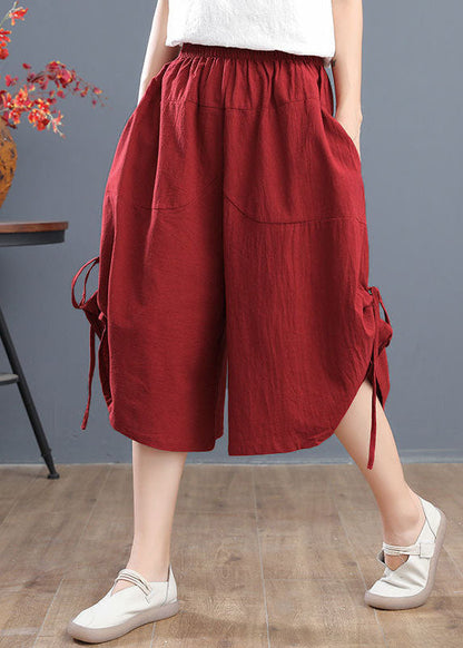 Red Elastic Waist Drawstring Cotton Crop Pants Summer