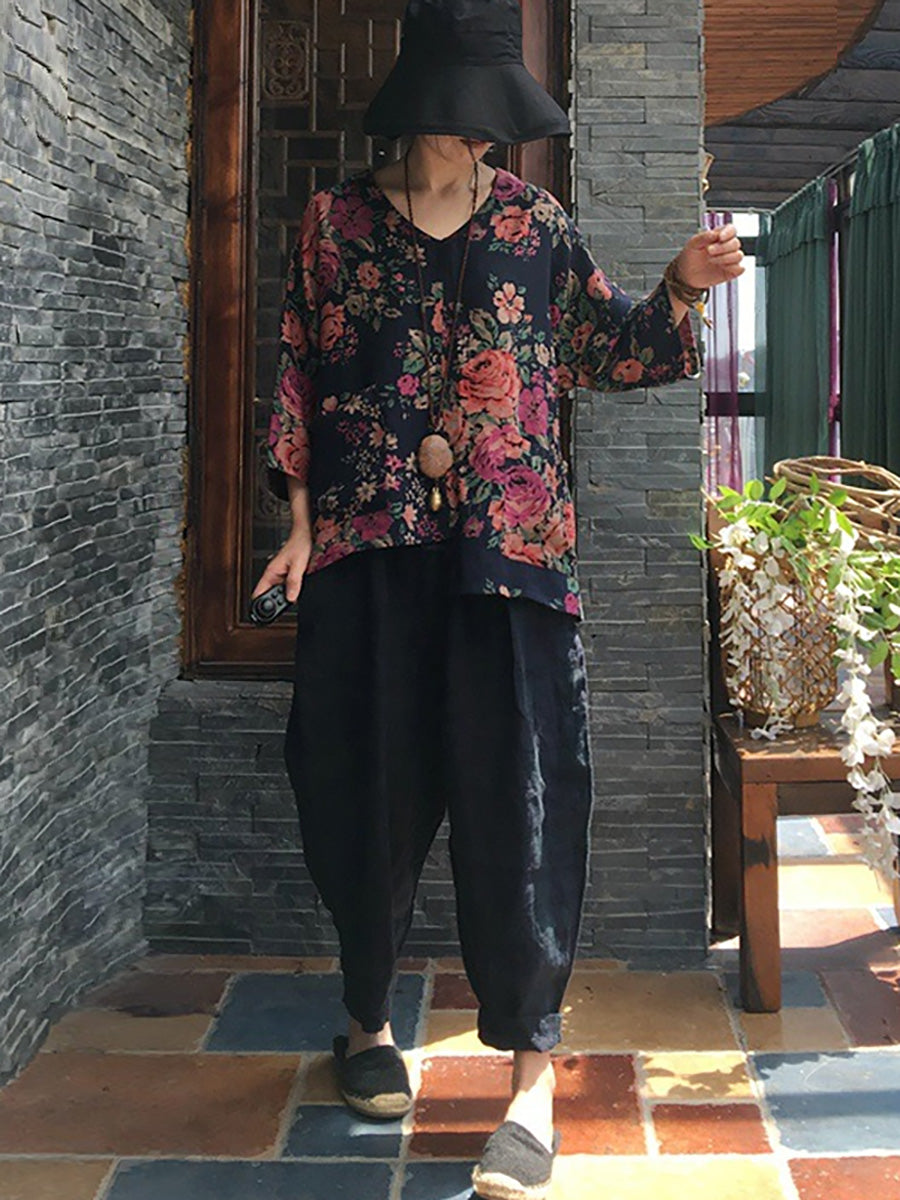 V-neck Long Sleeve Cotton Blouse Shirt