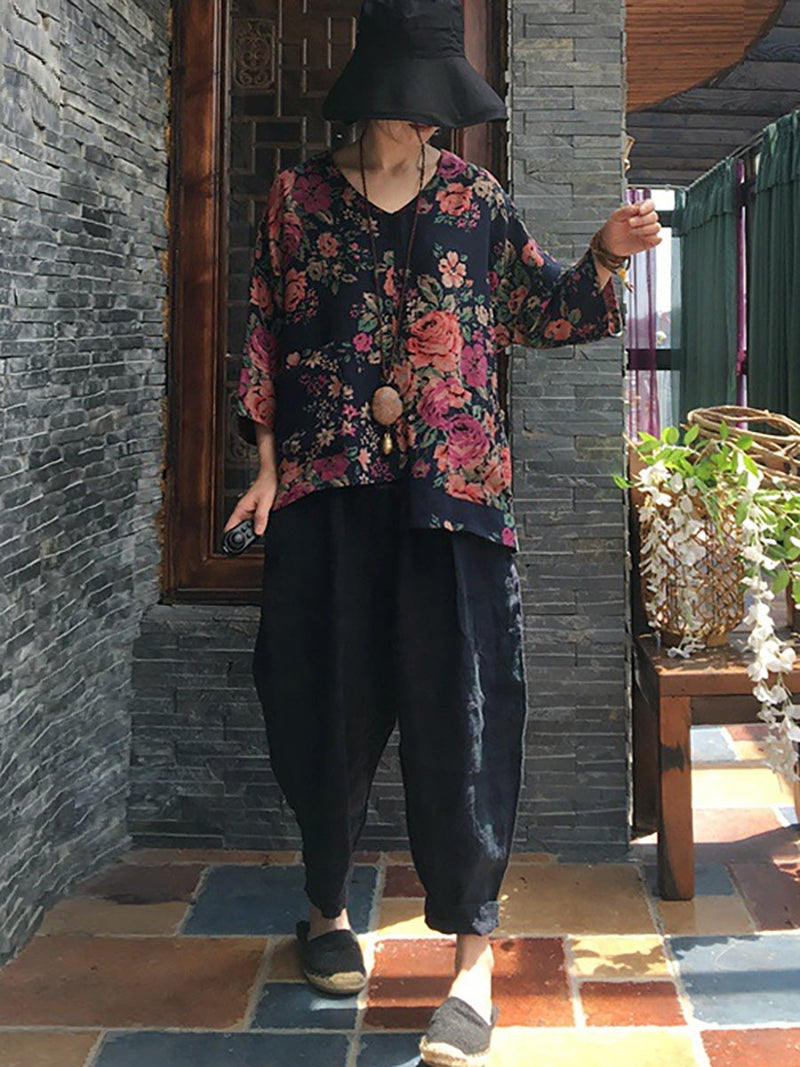 V-neck Long Sleeve Cotton Blouse Shirt