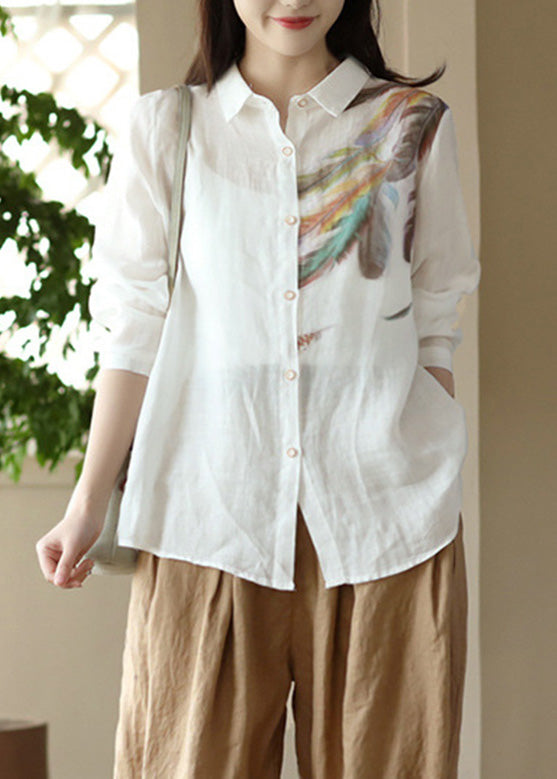 White Peter Pan Collar Print Ramie Shirts Spring