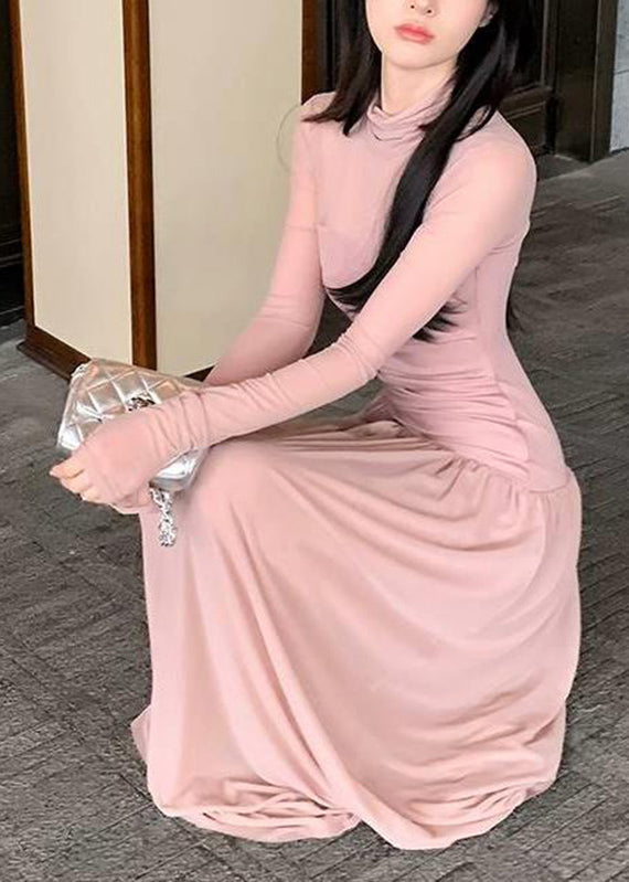 New Pink Turtleneck Patchwork Tulle Long Dress Long Sleeve