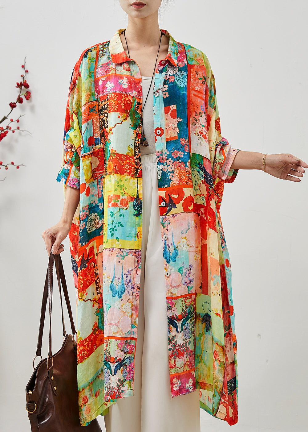 Loose Orange Oversized Print Linen Vacation Dresses Summer