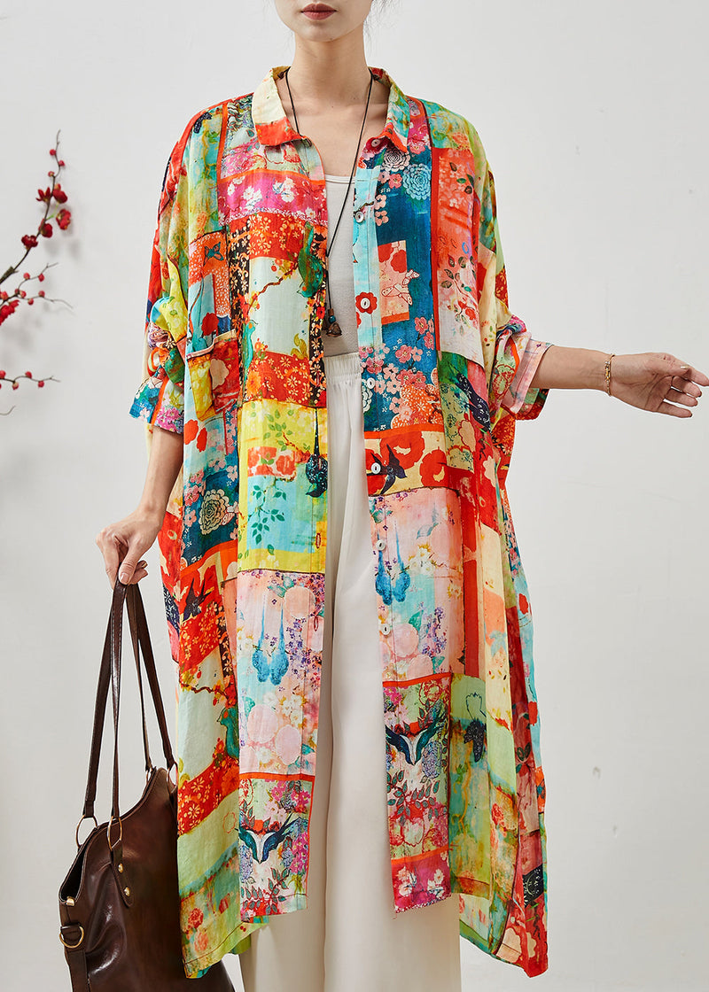 Loose Orange Oversized Print Linen Vacation Dresses Summer