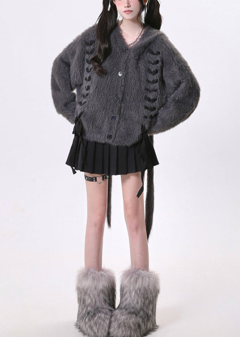 Dark Grey Oversized Bow Knit Rabbit Ears Hoodies Outwear Spring