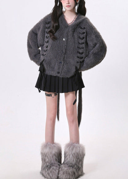 Dark Grey Oversized Bow Knit Rabbit Ears Hoodies Outwear Spring