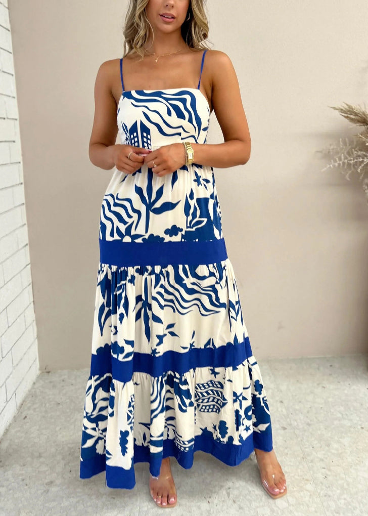 Navy Print Cotton Spaghetti Strap Dresses Summer