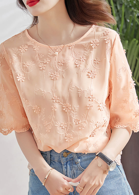 Vogue O-neck Embroidered Chiffon Shirt Short Sleeve