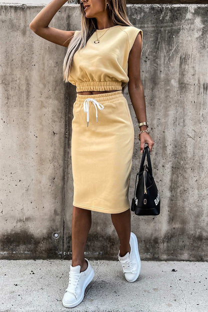 Elastic Waist Tank Top Slit Skirt Suits