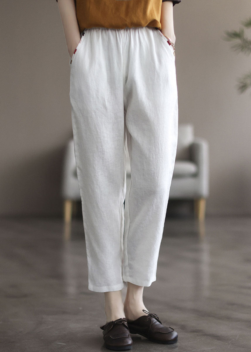 White Elastic Waist Linen Harem Pants Summer
