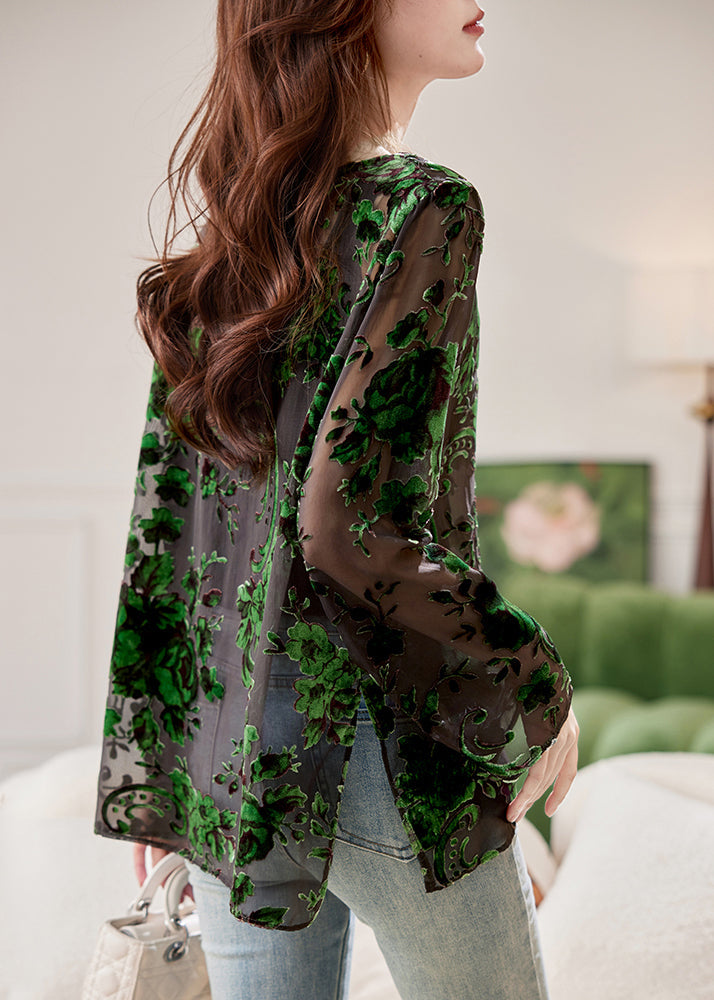 Green O-neck Chiffon Shirts Spring